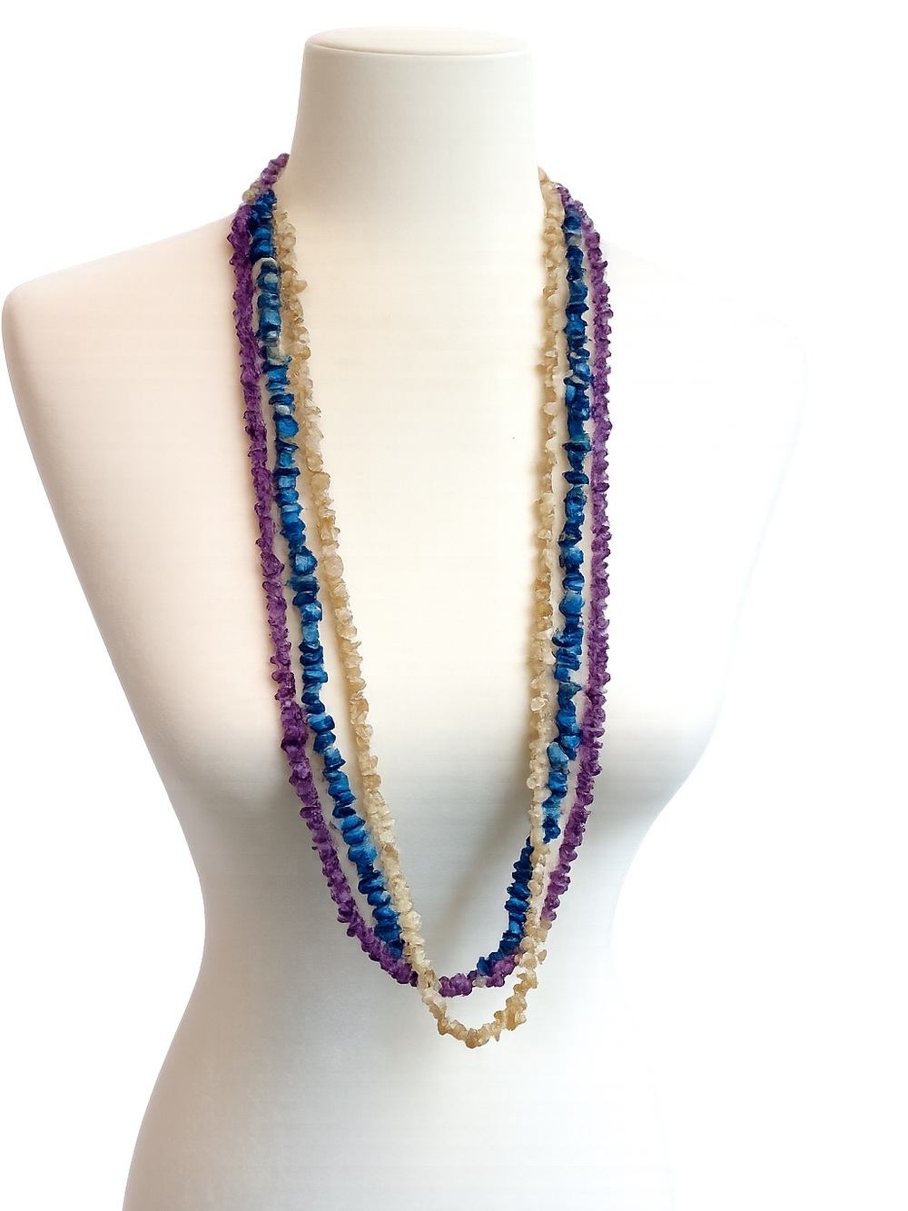 Set of three long Multi-Color Gemstone Necklaces amethyst lapis and cream strand